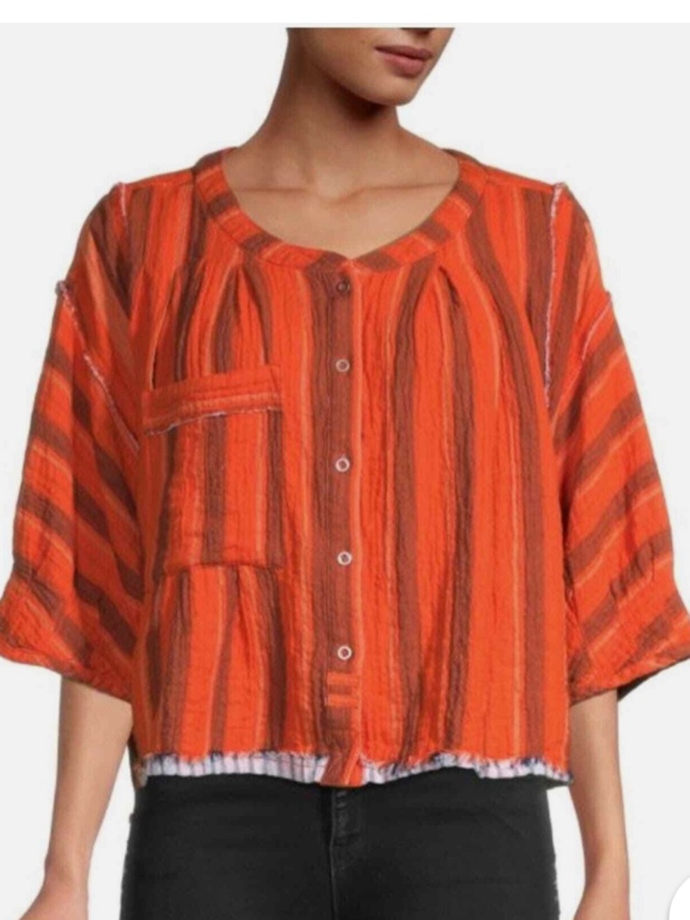 Free People We The Free Lisbon Yarn Dyed Orange Striped Blouse Women's Size M